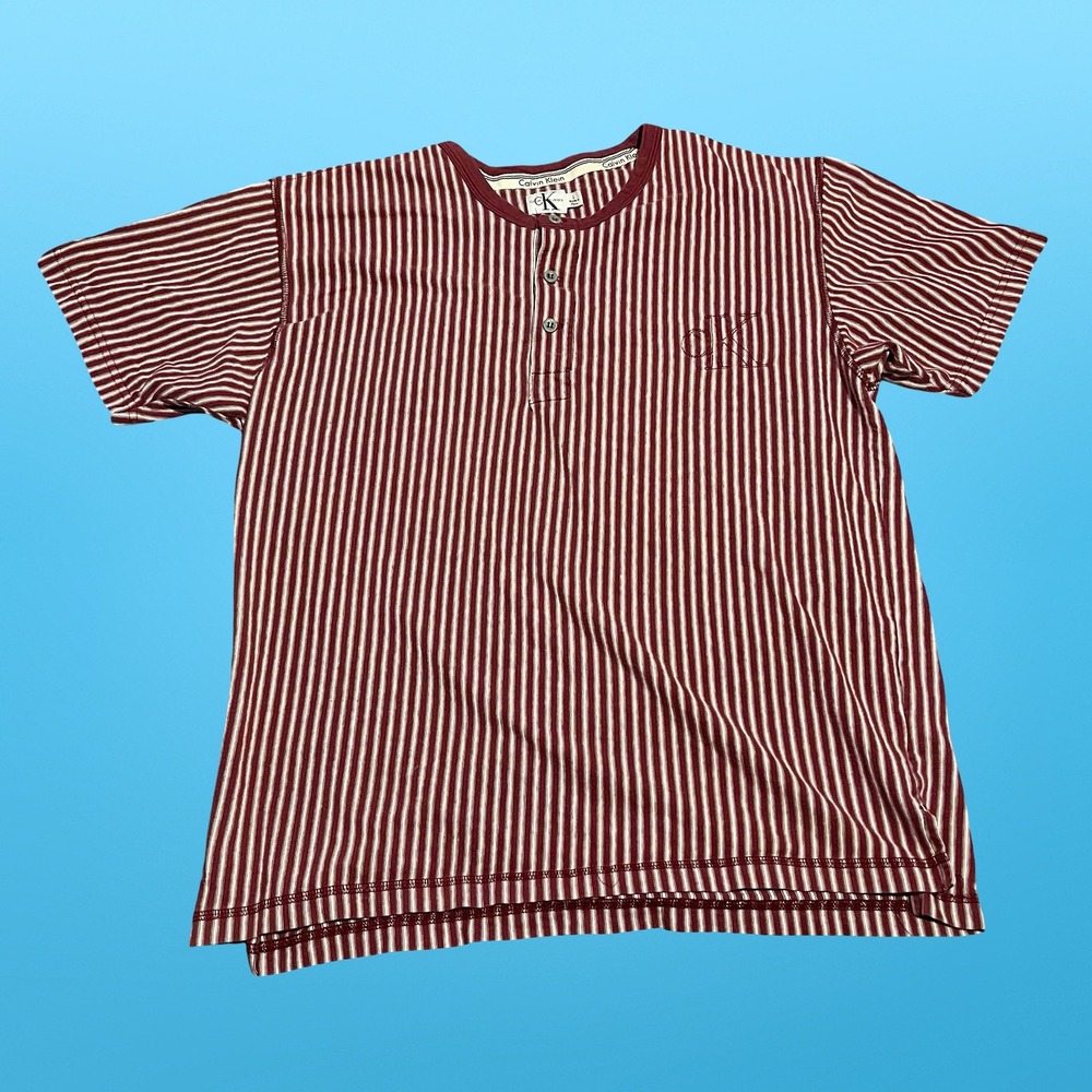 Vtg Calvin Klein Jeans Mens L Burgundy White Striped Short Sleeve Henley Shirt